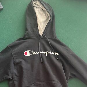 Champion Powerblend Hoodie – Black – Size [M] – Classic Script Logo